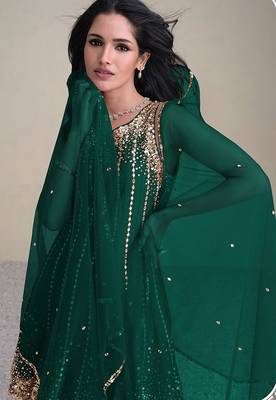 green embroidered silk free size stitched kurta set 2
