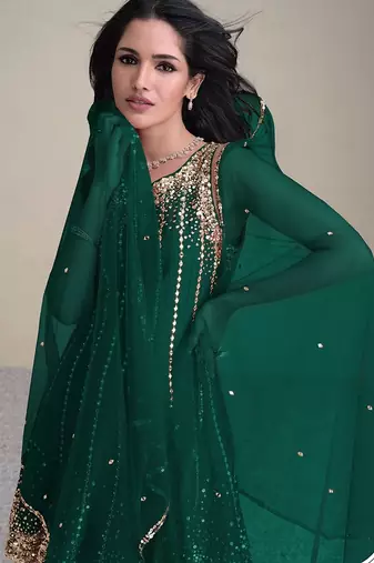 green embroidered silk free size stitched kurta set