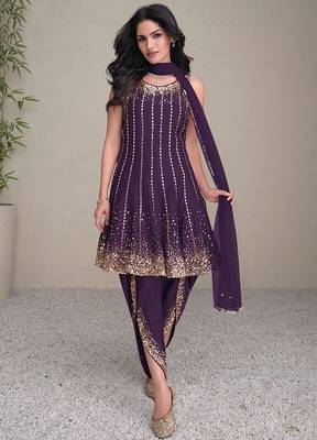 purple embroidered silk free size stitched kurta set 1