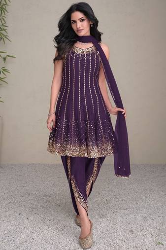 purple embroidered silk free size stitched kurta set