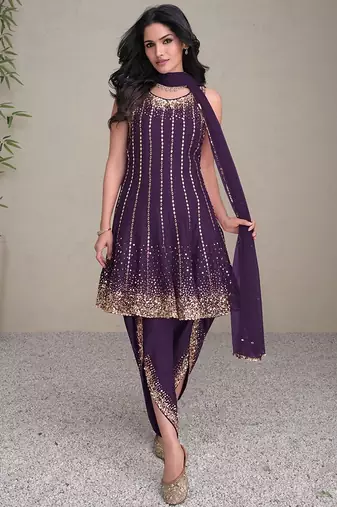 purple embroidered silk free size stitched kurta set