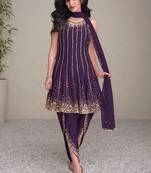 purple embroidered silk free size stitched kurta set