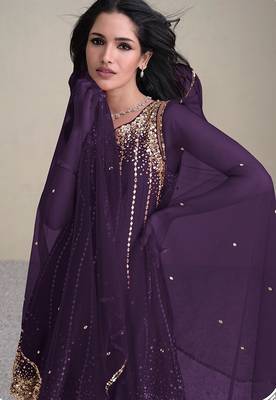 purple embroidered silk free size stitched kurta set 2