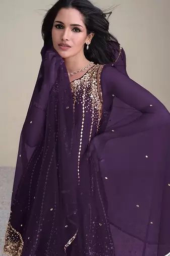 purple embroidered silk free size stitched kurta set