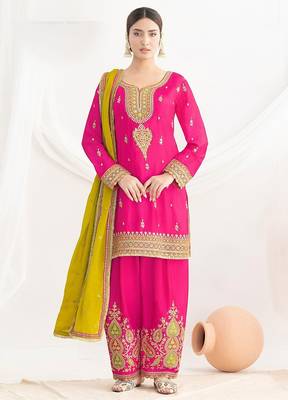 rani pink embroidered chinnon free size stitched kurta set 1