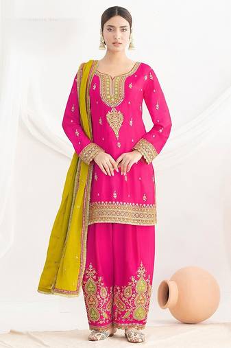 rani pink embroidered chinnon free size stitched kurta set