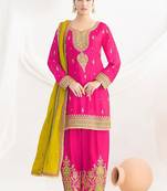 rani pink embroidered chinnon free size stitched kurta set