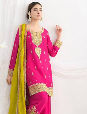 rani pink embroidered chinnon free size stitched kurta set 2