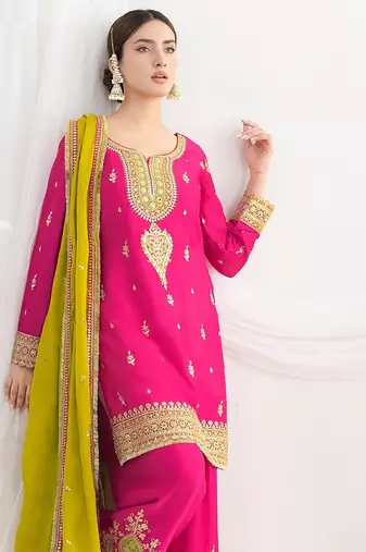 rani pink embroidered chinnon free size stitched kurta set