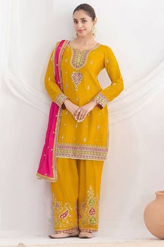 mustard embroidered chinnon free size stitched kurta set