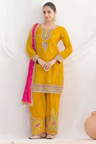 mustard embroidered chinnon free size stitched kurta set