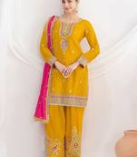 mustard embroidered chinnon free size stitched kurta set