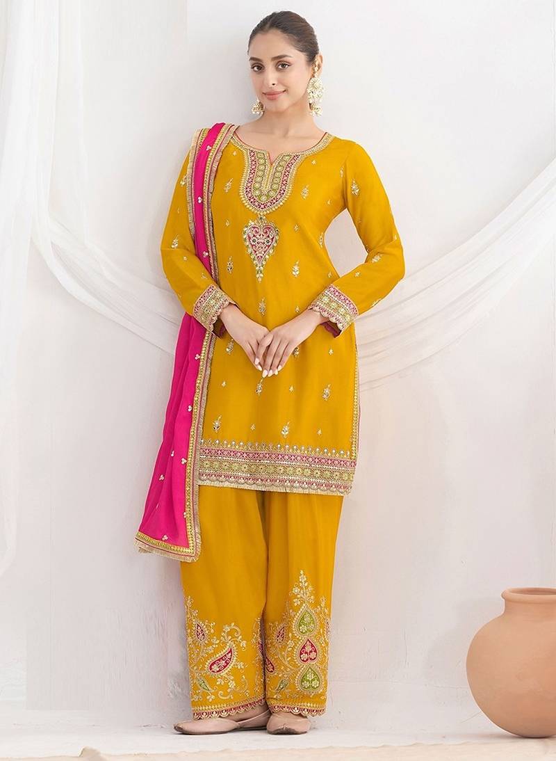 mustard embroidered chinnon free size stitched kurta set