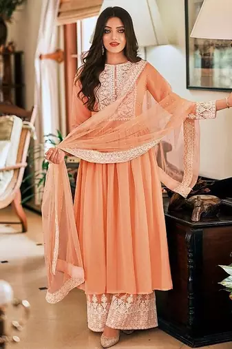 peach embroidered georgette semi-stitched kurta set