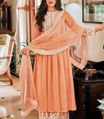 peach embroidered georgette semi-stitched kurta set