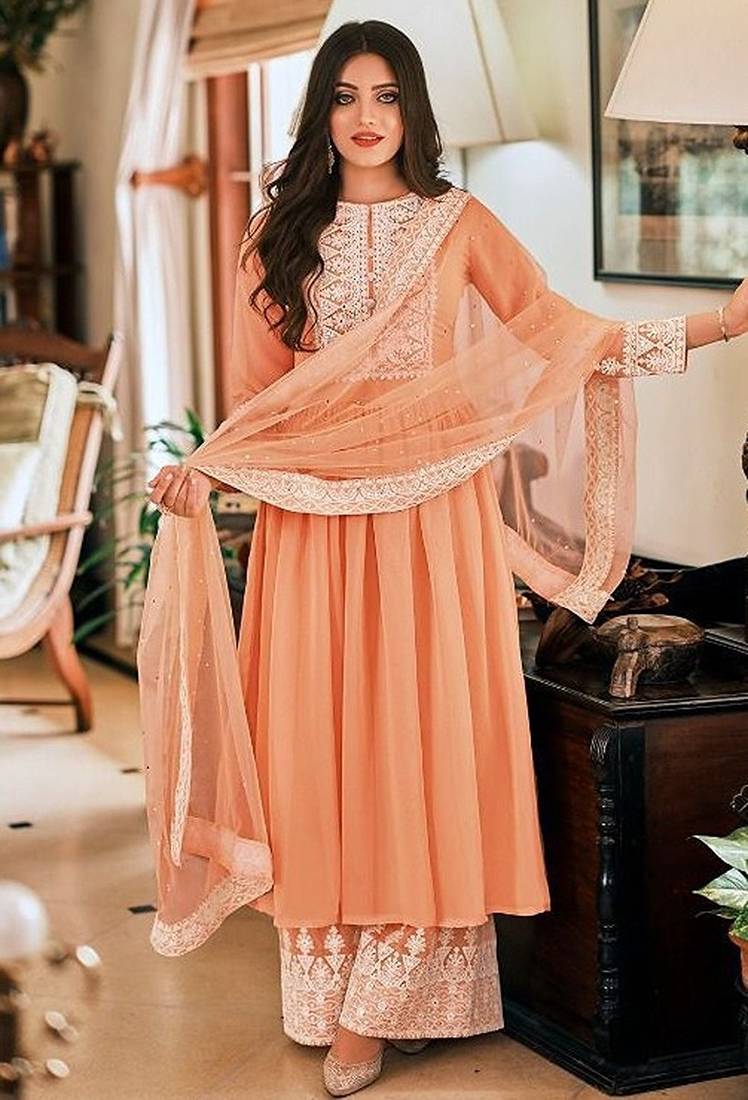 peach embroidered georgette semi-stitched kurta set