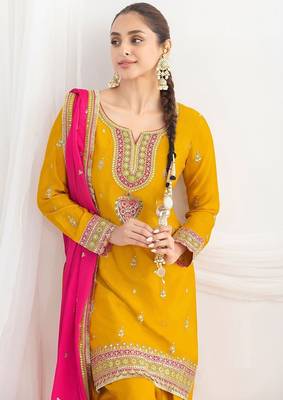mustard embroidered chinnon free size stitched kurta set 2