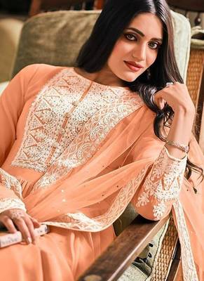 peach embroidered georgette semi-stitched kurta set 2