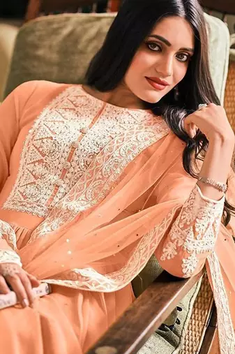 peach embroidered georgette semi-stitched kurta set