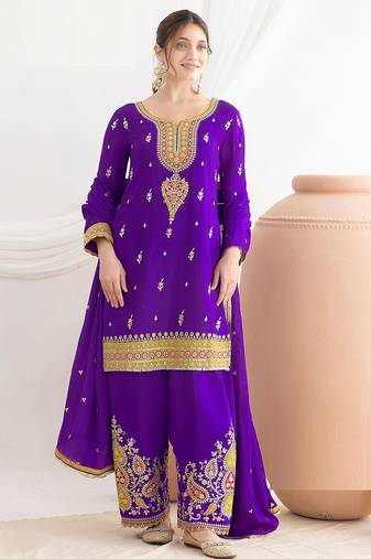 purple embroidered chinnon free size stitched kurta set