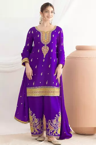 purple embroidered chinnon free size stitched kurta set