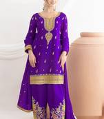 purple embroidered chinnon free size stitched kurta set