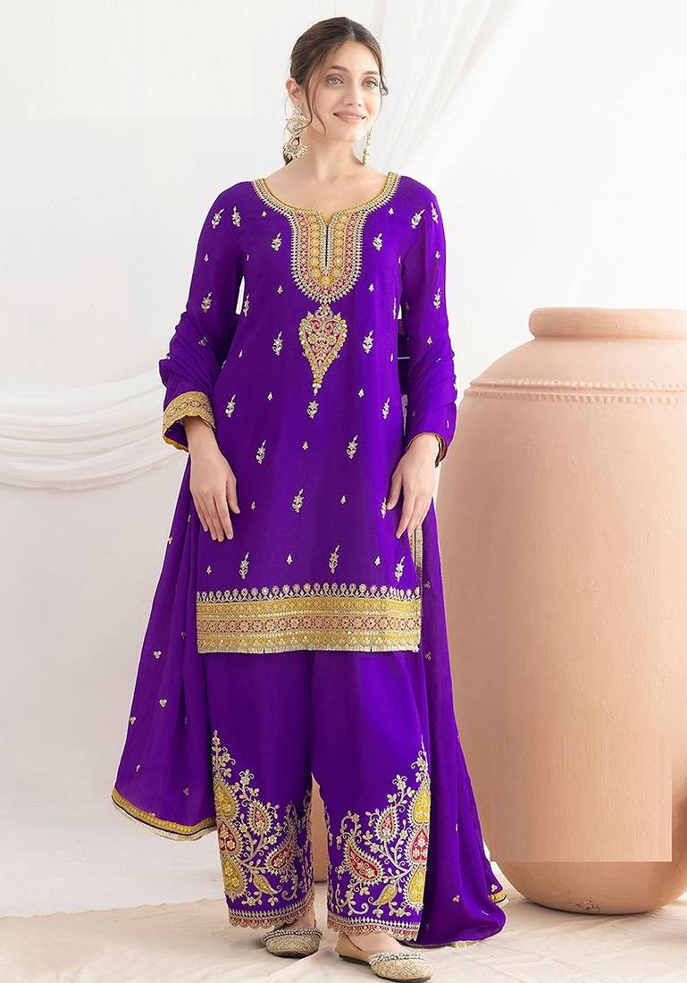 purple embroidered chinnon free size stitched kurta set