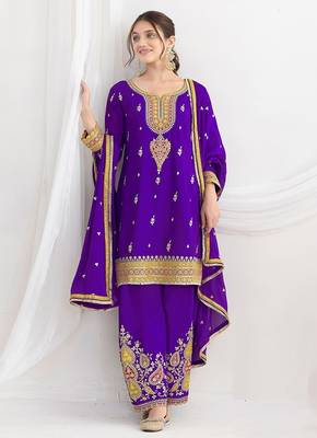 purple embroidered chinnon free size stitched kurta set 2