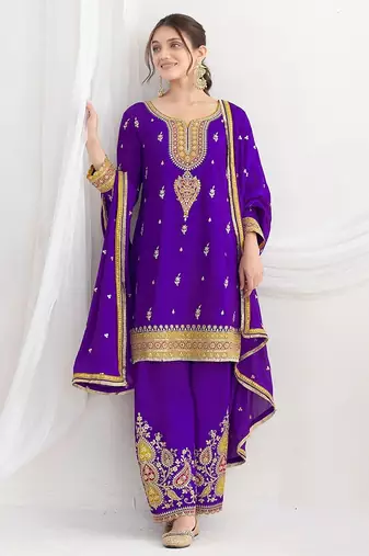 purple embroidered chinnon free size stitched kurta set