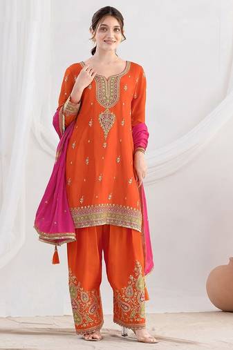 orange embroidered chinnon free size stitched kurta set