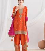 orange embroidered chinnon free size stitched kurta set