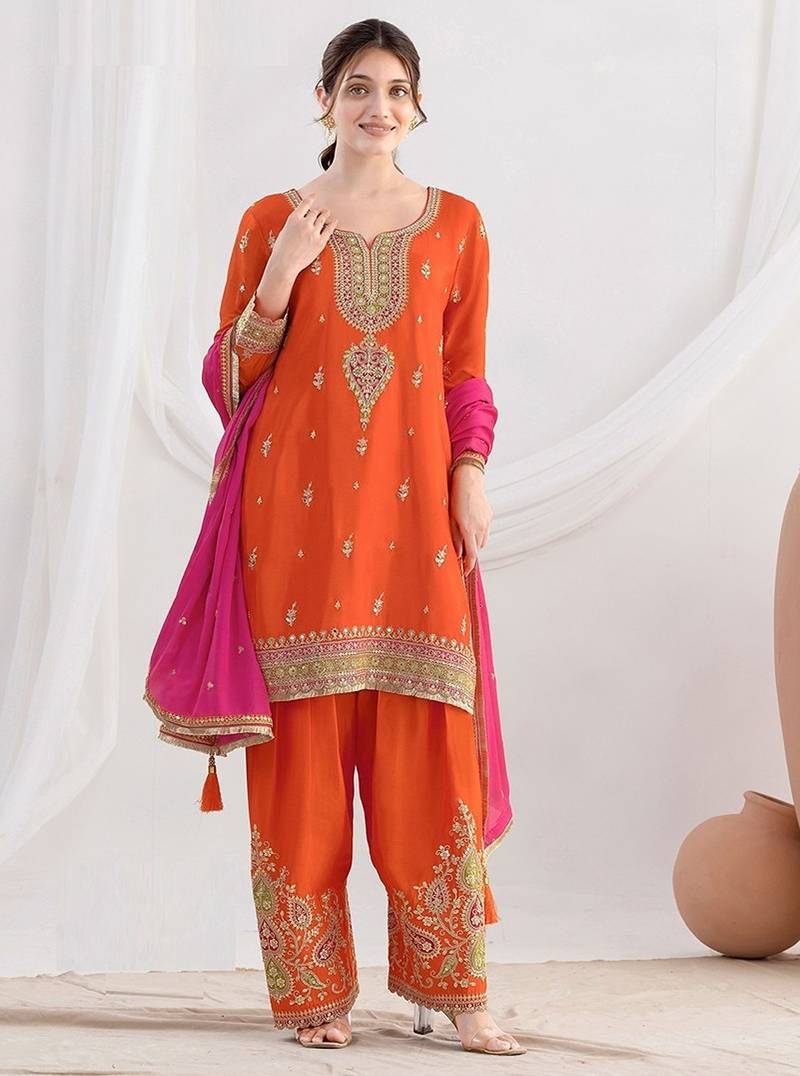 orange embroidered chinnon free size stitched kurta set