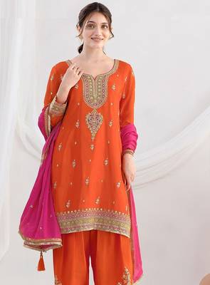 orange embroidered chinnon free size stitched kurta set 2