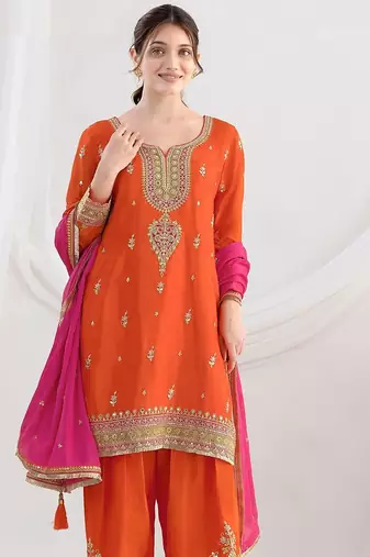 orange embroidered chinnon free size stitched kurta set