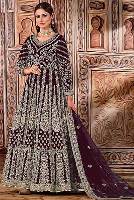 wine embroidered butterfly net semi - stitched kurta set 1