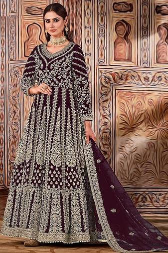wine embroidered butterfly net semi - stitched kurta set