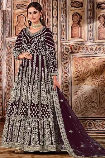 wine embroidered butterfly net semi - stitched kurta set