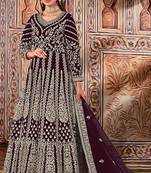 wine embroidered butterfly net semi - stitched kurta set