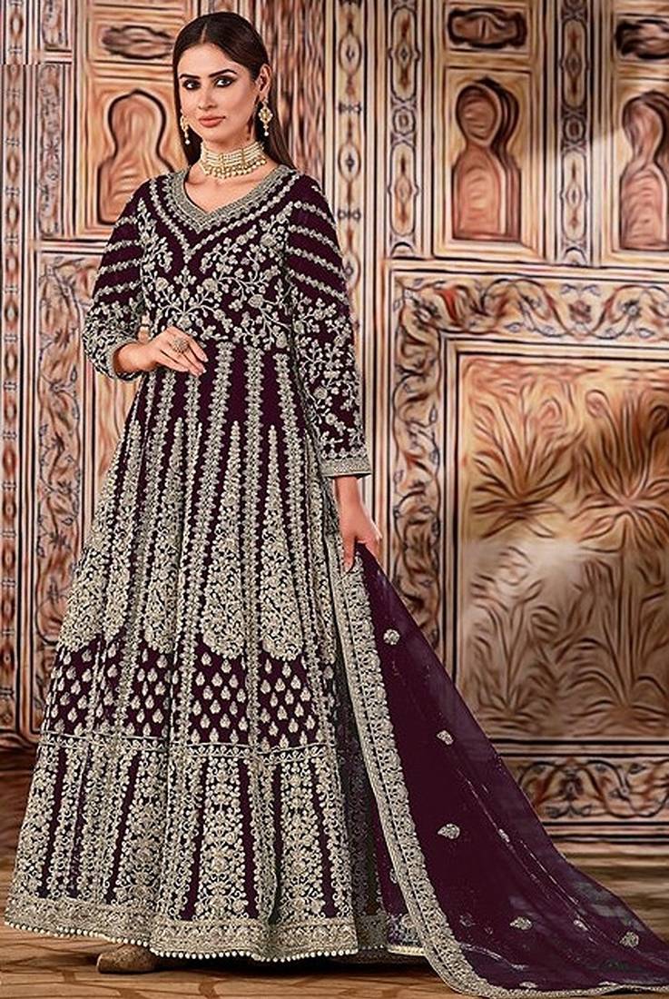 wine embroidered butterfly net semi - stitched kurta set