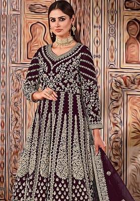 wine embroidered butterfly net semi - stitched kurta set 2