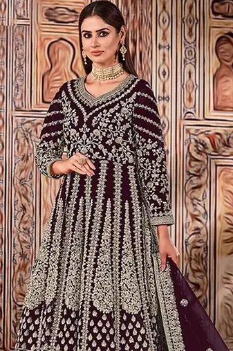 wine embroidered butterfly net semi - stitched kurta set