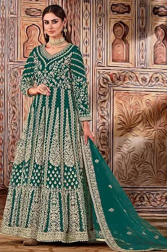 teal embroidered butterfly net semi - stitched kurta set