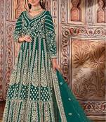 teal embroidered butterfly net semi - stitched kurta set