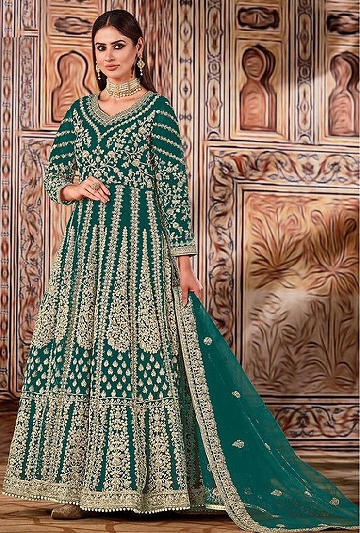 teal embroidered butterfly net semi - stitched kurta set