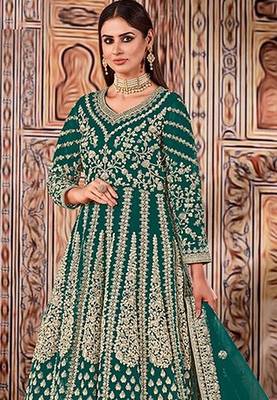 teal embroidered butterfly net semi - stitched kurta set 2