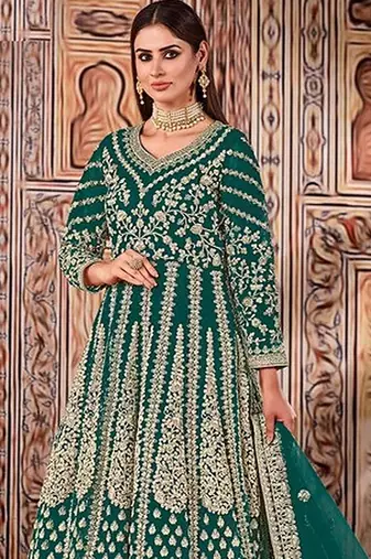 teal embroidered butterfly net semi - stitched kurta set