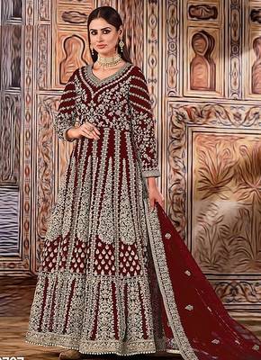 maroon embroidered butterfly net semi - stitched kurta set 1