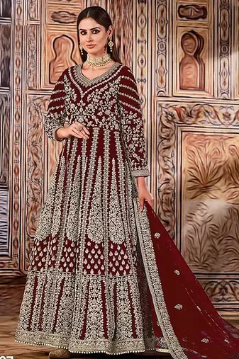 maroon embroidered butterfly net semi - stitched kurta set