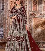 maroon embroidered butterfly net semi - stitched kurta set