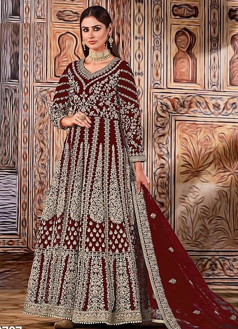 maroon embroidered butterfly net semi - stitched kurta set